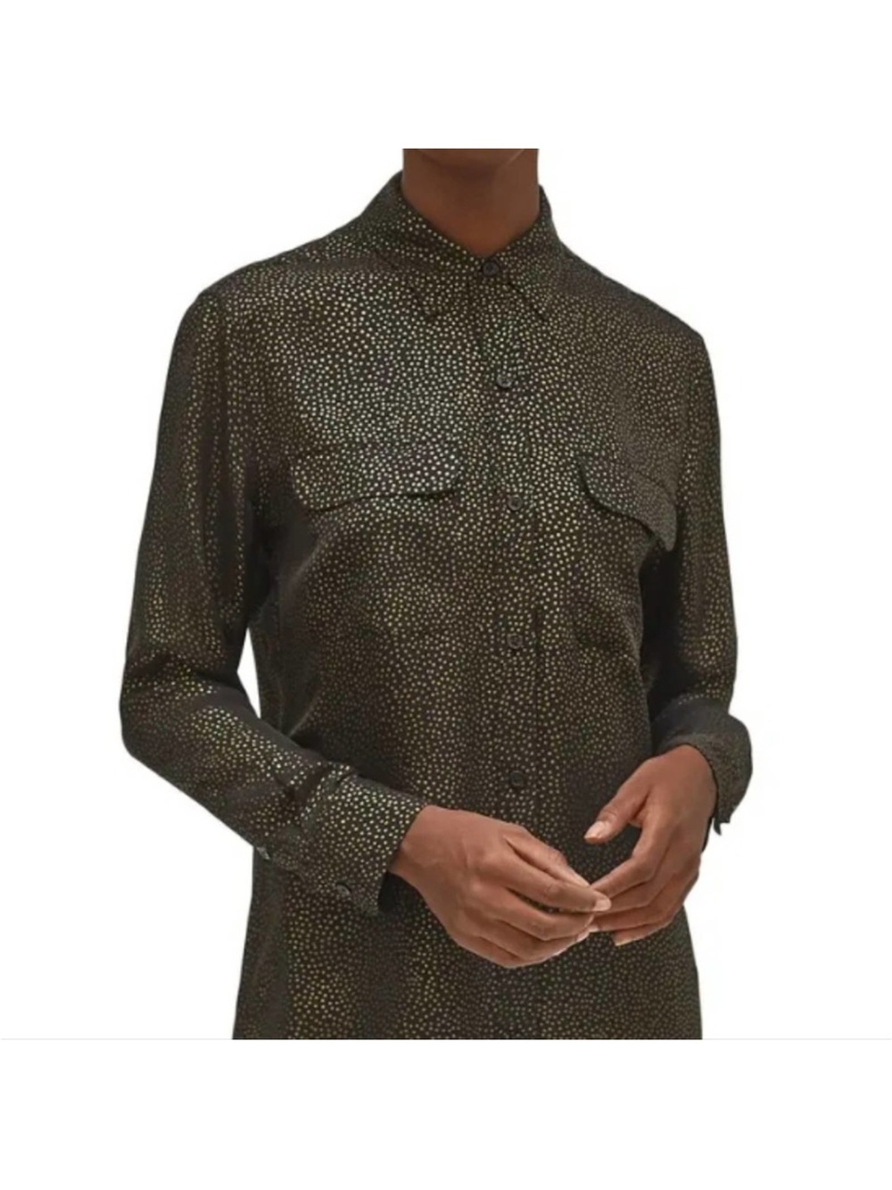 Equipment Black and Gold Dot Patterned Silk Long-Sleeve Shirt